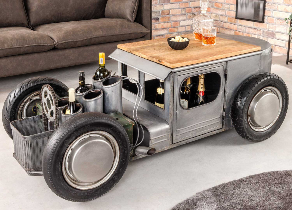 Table basse voiture hot rod vintage, range-bouteilles