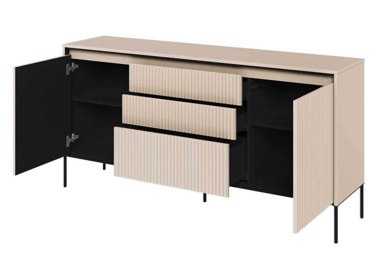 Buffet strié avec led couleur sable 166 cm 3 tiroirs 2 portes