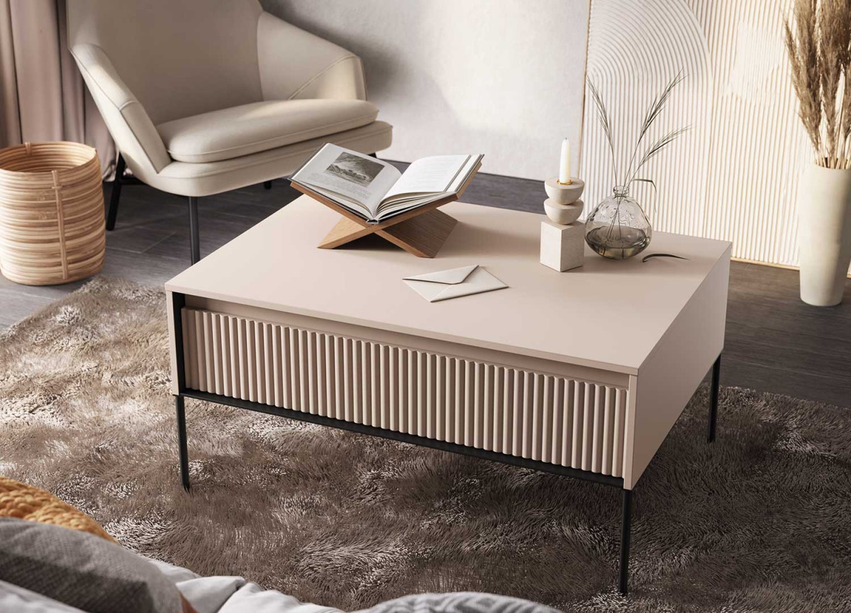 Table basse design 100x70 cm avec rangement beige et métal noir