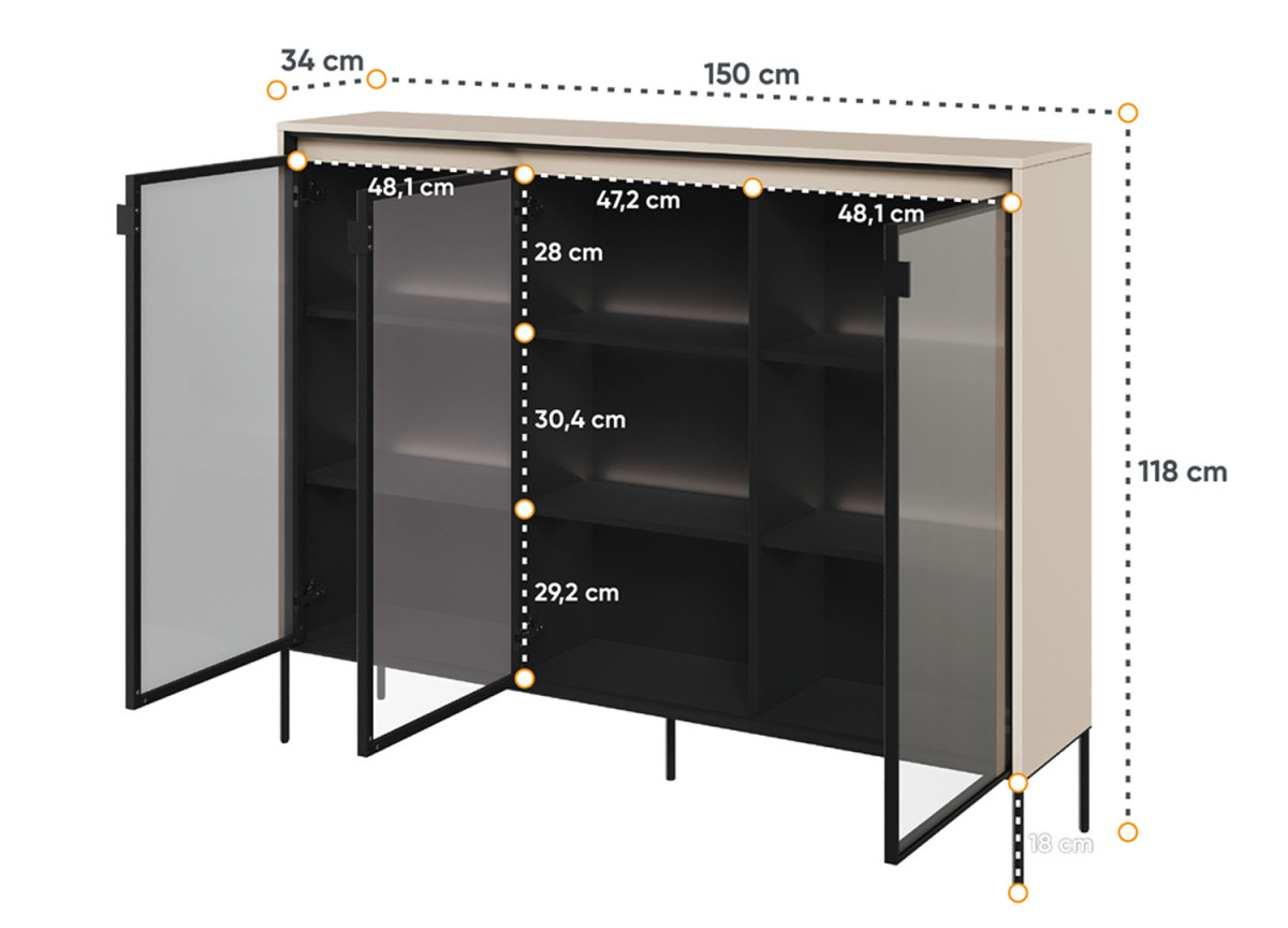 Buffet Vitré 3 Portes Beige/Sable et Noir