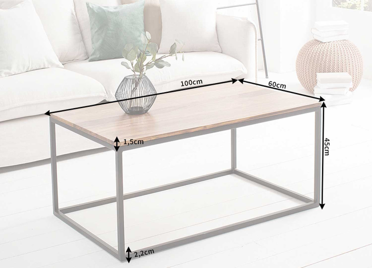 Table Basse en Métal Noir et Plateau en Shesham 100x60 cm