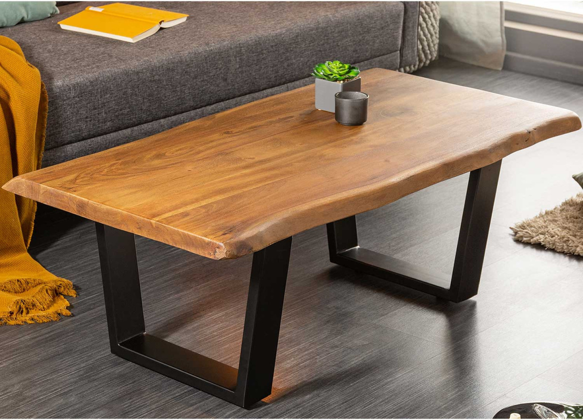 Table basse moderne plateau acacia et pieds en métal