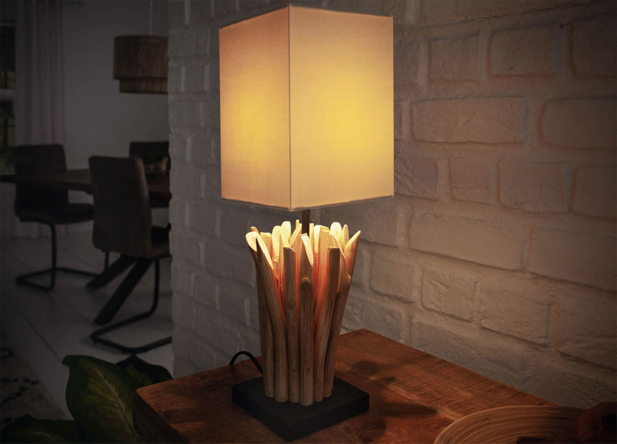 2 Lampes de table en bois flotté et lin beige