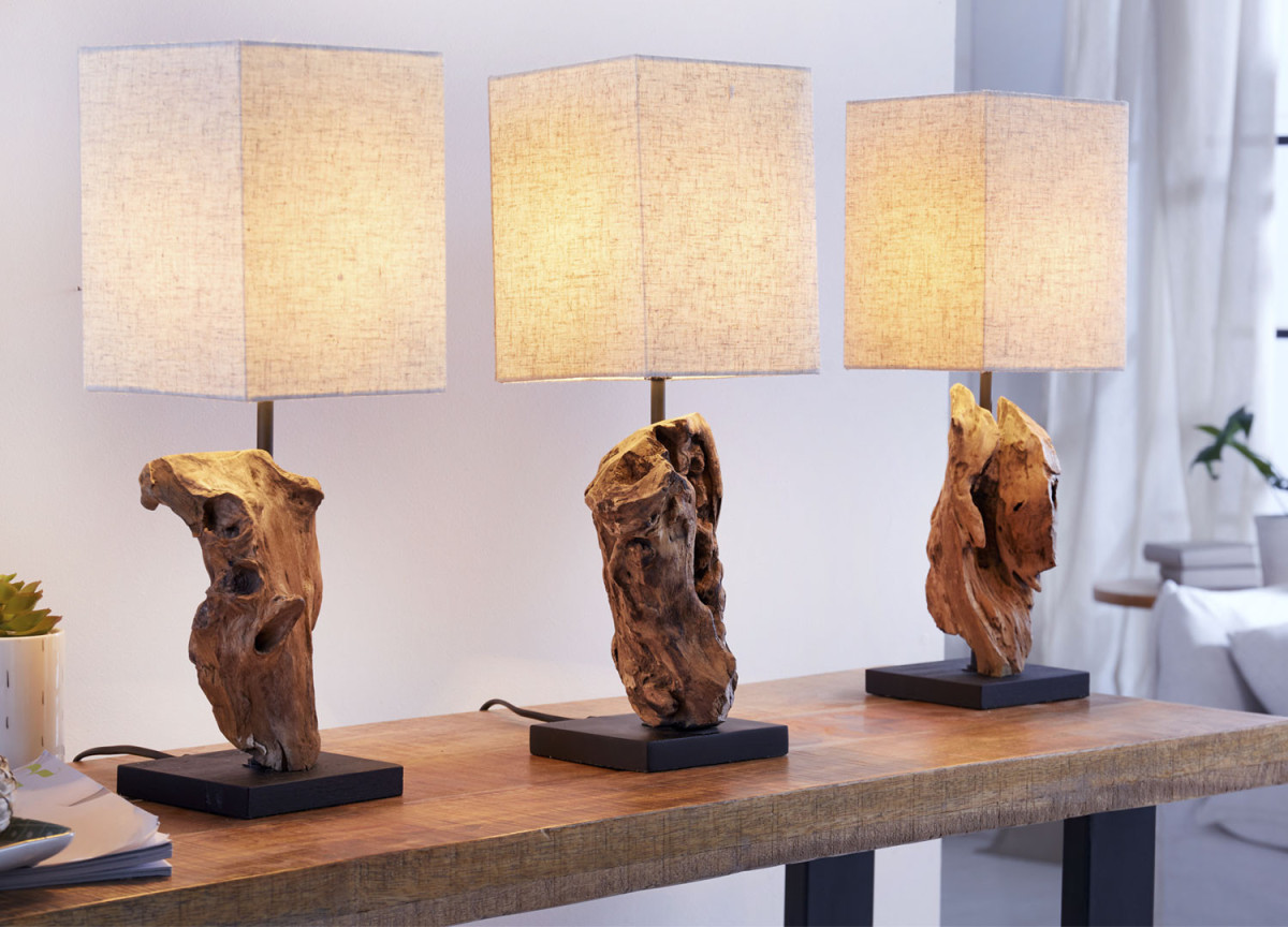Lampes à poser lin beige et bois flotté