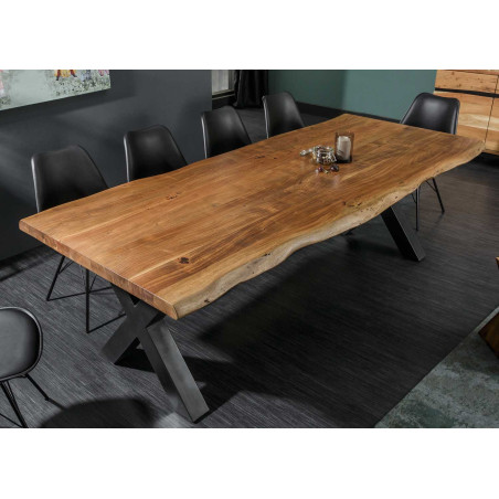 Table à manger massive en bois d'acacia et pieds en croix
