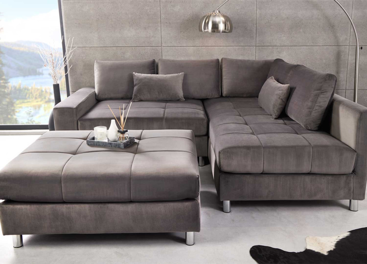 Canapé d'angle gris XXL avec pouf