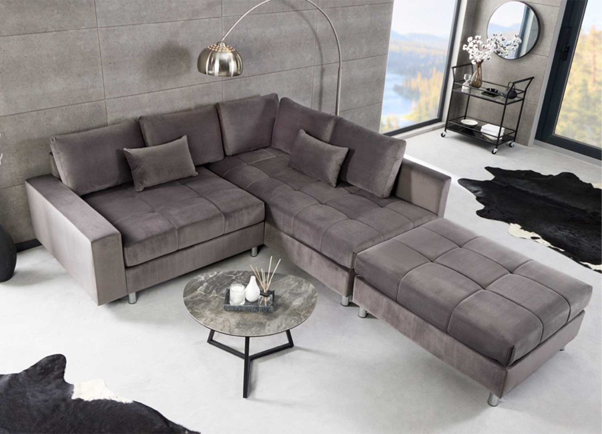 Canapé d'angle gris XXL avec pouf