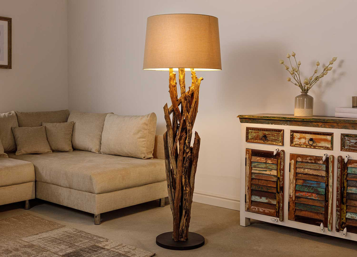 Lampe sur pied teck et abat jour en lin