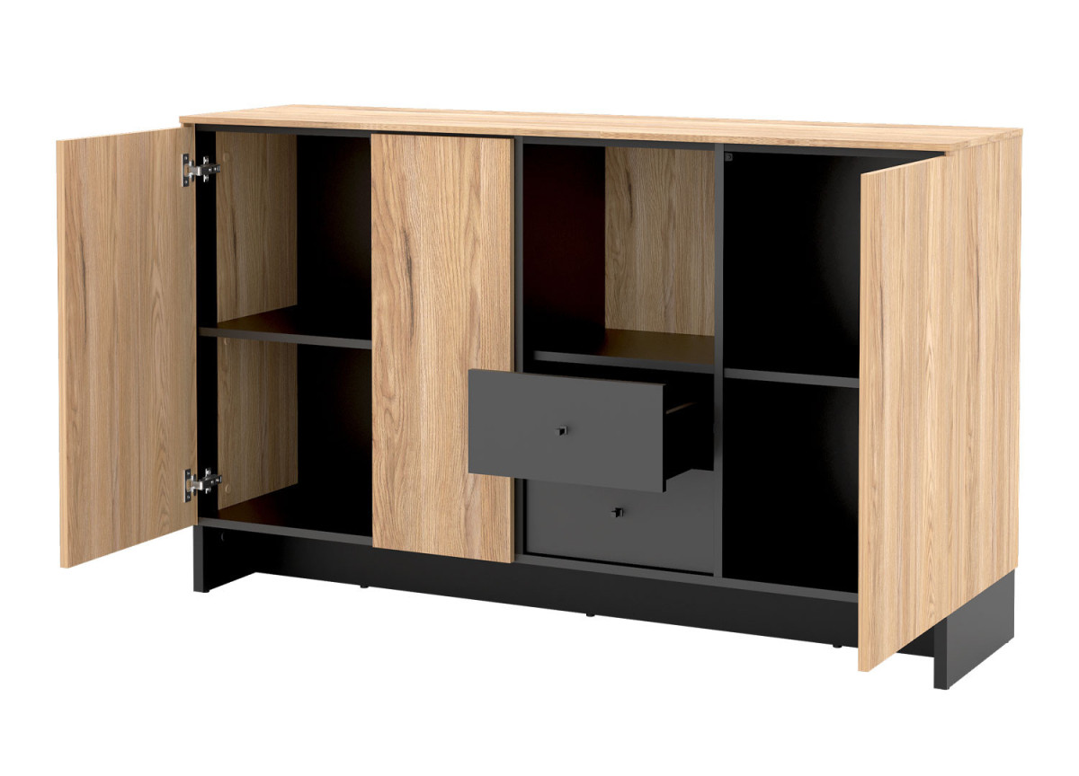 Buffet bois et noir 150 cm avec portes et tiroirs