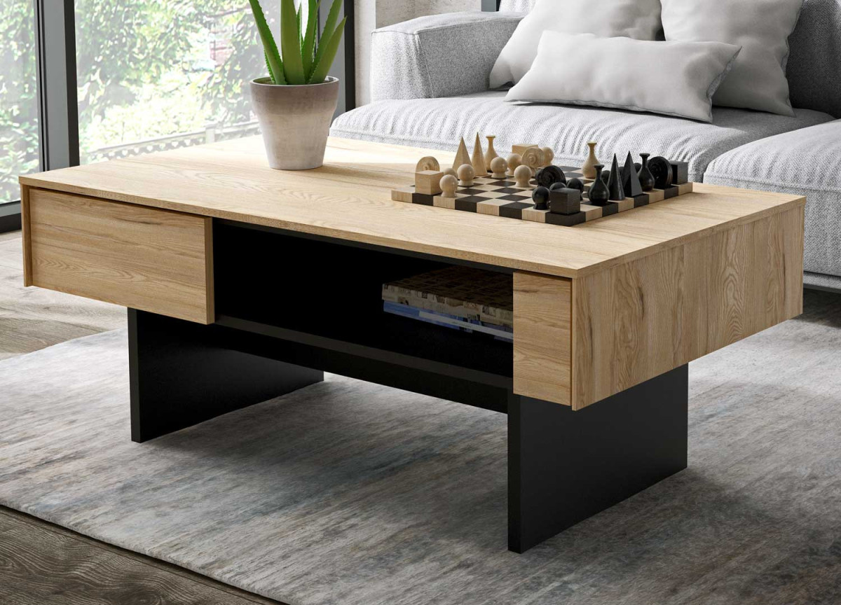 Table basse bois et noir avec rangement