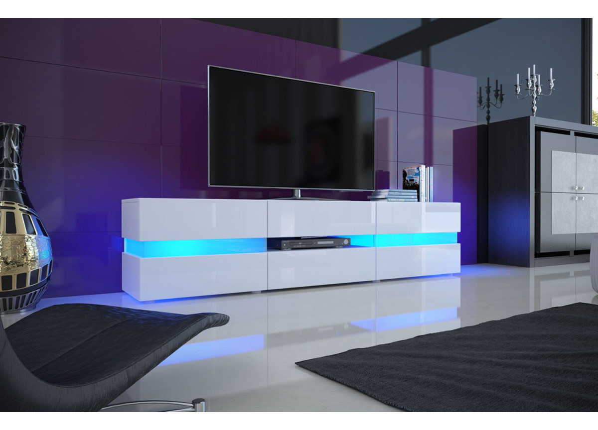 Meuble TV Design Blanc Laqué / Éclairage LED pour salon