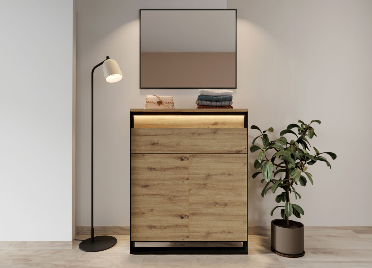 Ensemble d'entrée chêne artisan et noir avec bandeau led