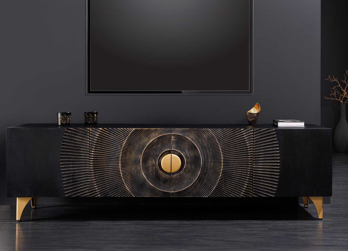 Meuble TV moderne 180 cm en manguier avec détails dorés