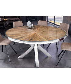 Table ronde 120 cm en teck & verre et acier chromé