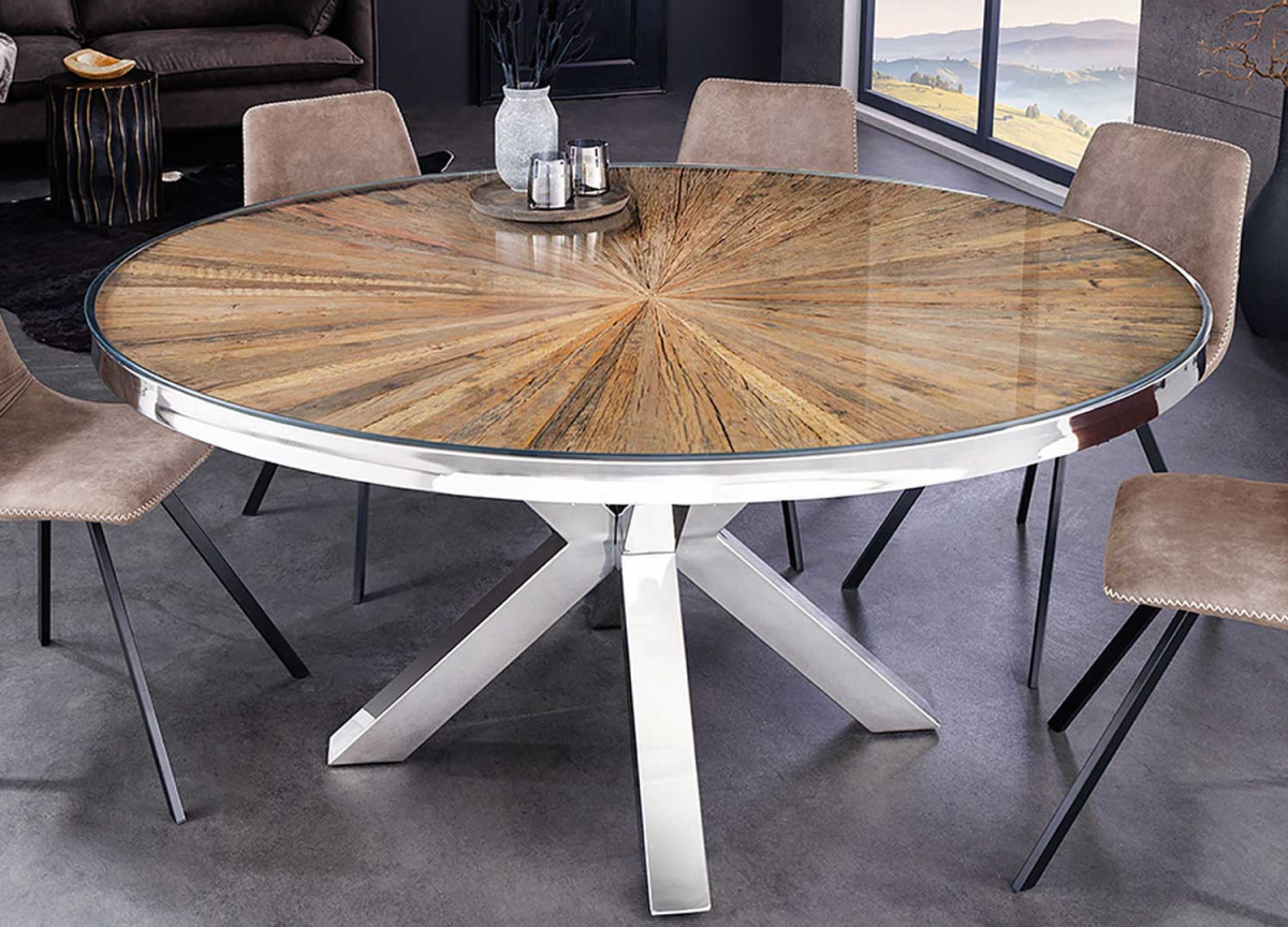 Table ronde 120 cm en teck & verre et acier chromé