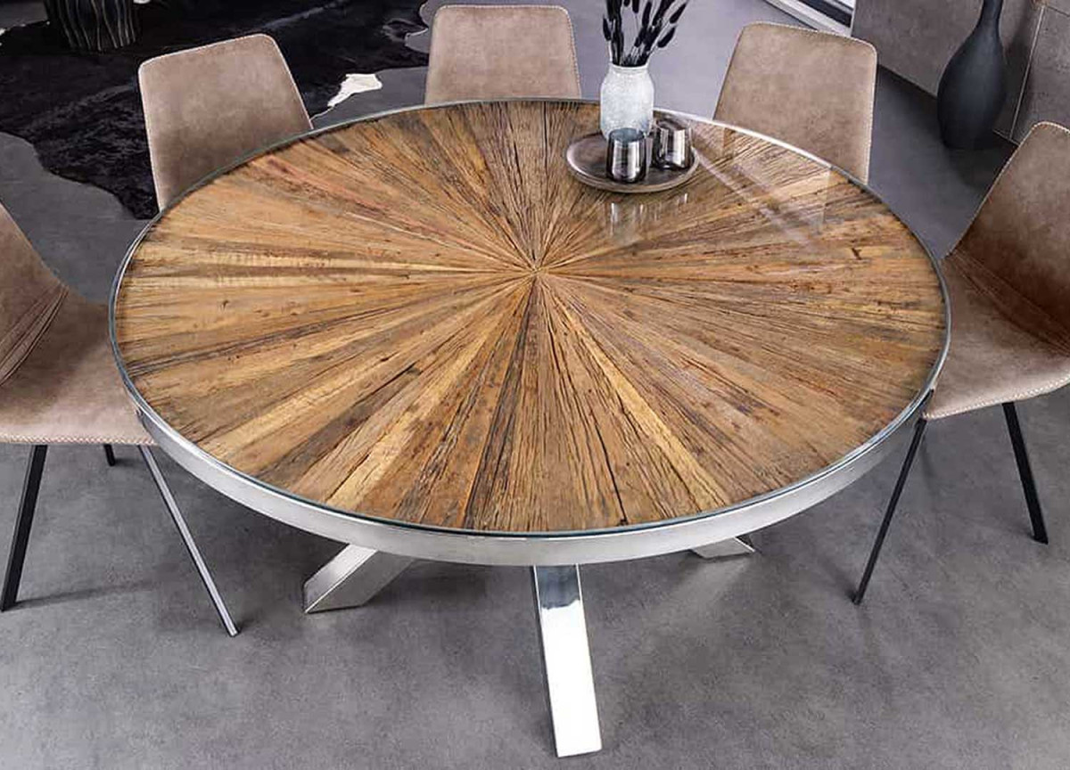 Table à manger ronde en teck et acier chromé