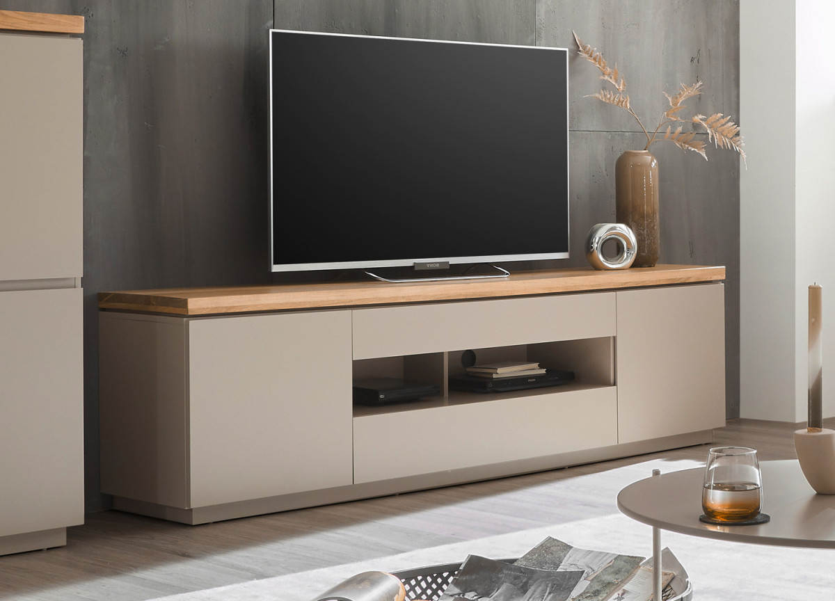 Meuble TV gris chaud et acacia 200 cm