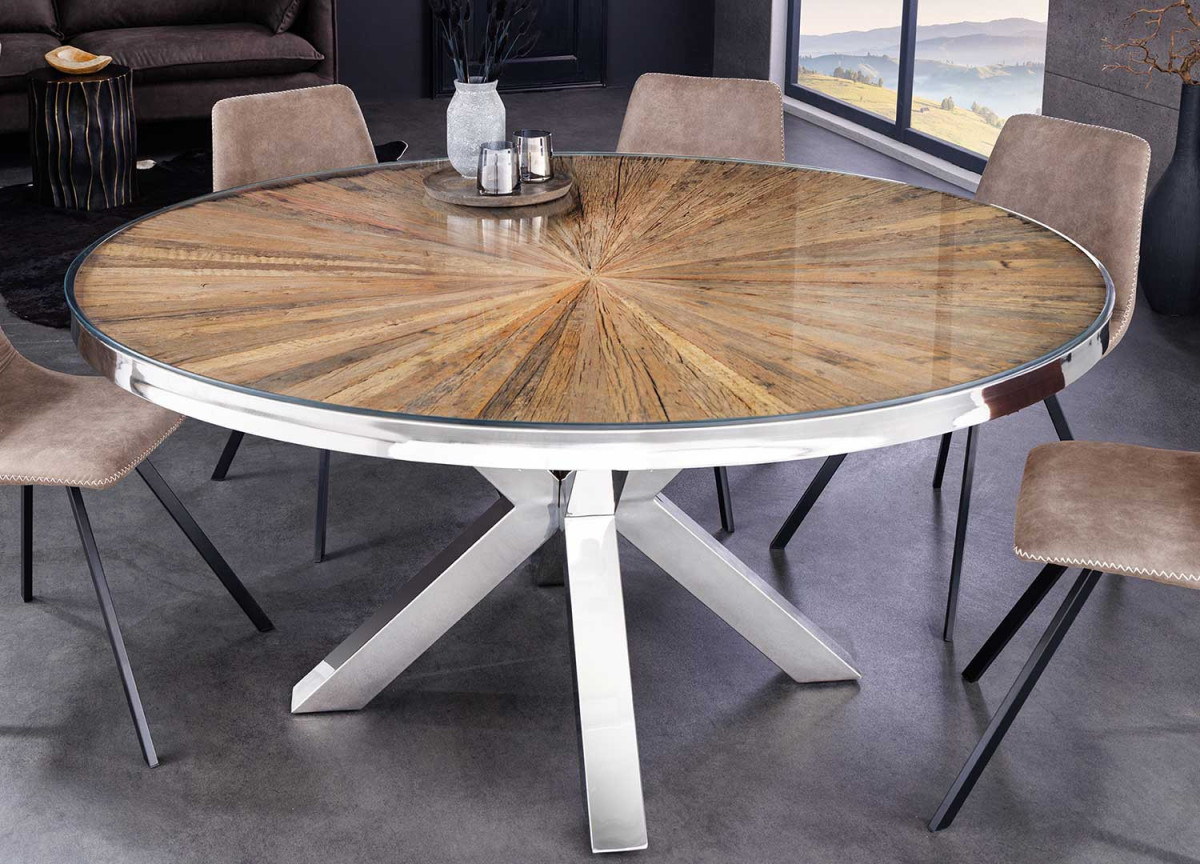 Table ronde 140 cm en teck & verre et acier chromé