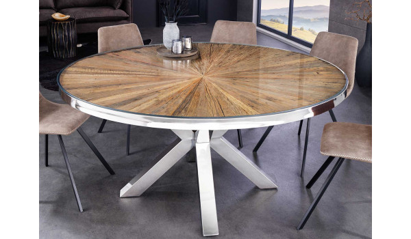 Table ronde 140 cm en teck & verre et acier chromé