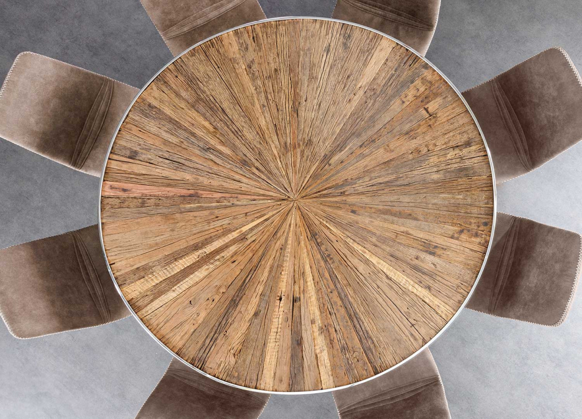 Table de repas ronde originale en teck verre et acier chromé