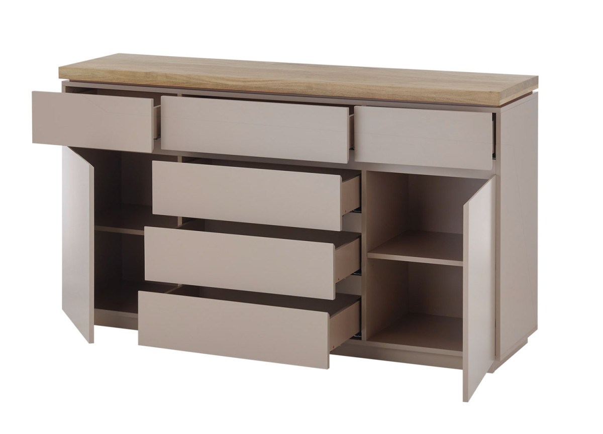 Buffet 150 cm gris chaud 6 tiroirs et 2 portes