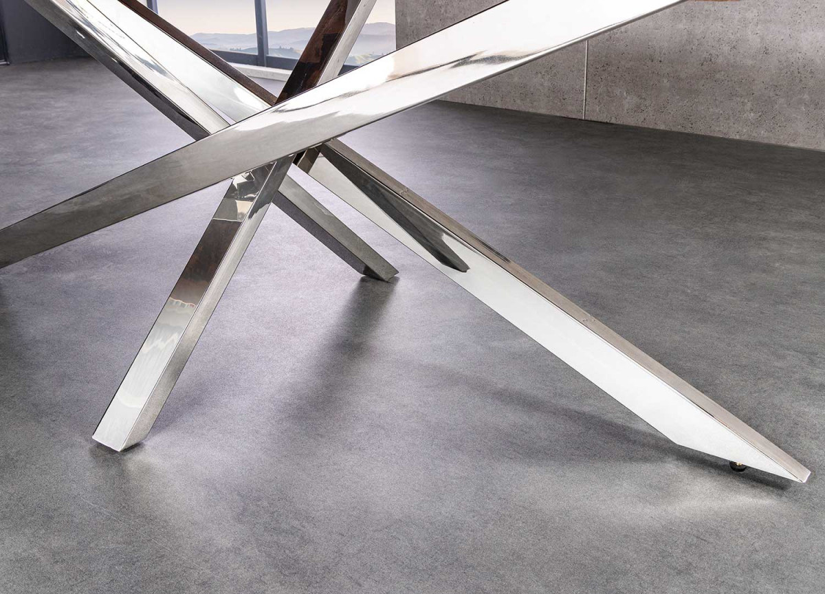 Table à Manger 220 cm Teck Verre et Pieds Chromés