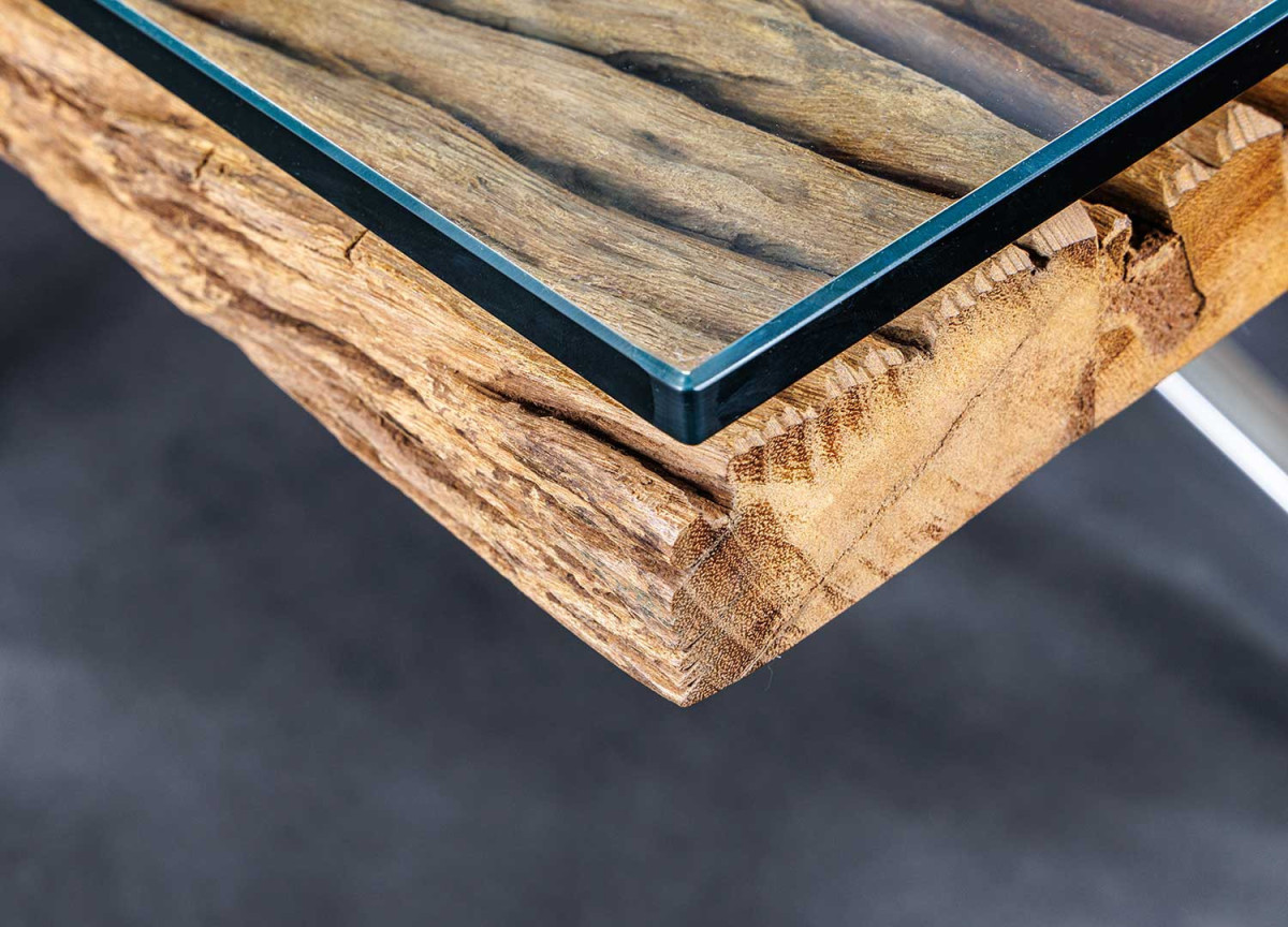 Table à Manger 220 cm Teck Verre et Pieds Chromés