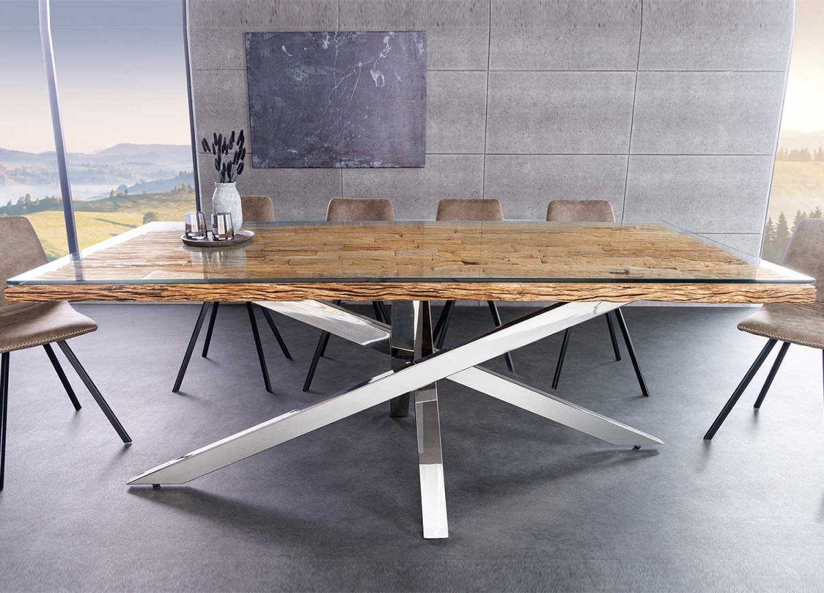 Table rectangulaire 220 cm en teck - verre et acier chromé