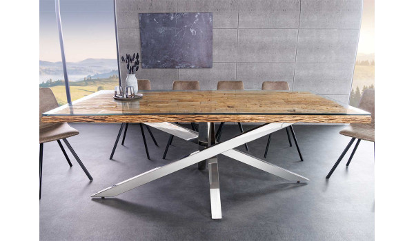 Table rectangulaire 220 cm en teck - verre et acier chromé