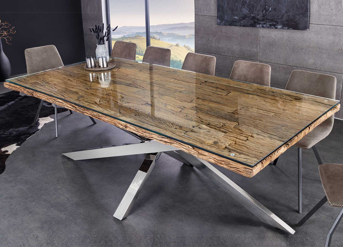 Table de repas 220 cm bois de teck et pieds chromés