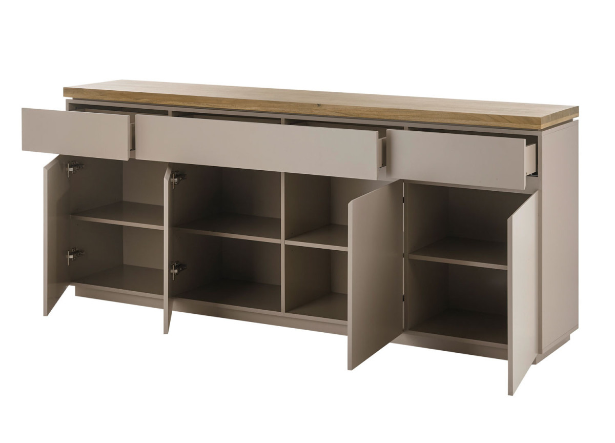 Grand buffet gris chaud et acacia massif 4 portes et 3 tiroirs