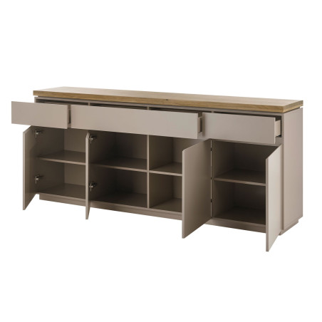 Grand buffet gris chaud et acacia massif 4 portes et 3 tiroirs