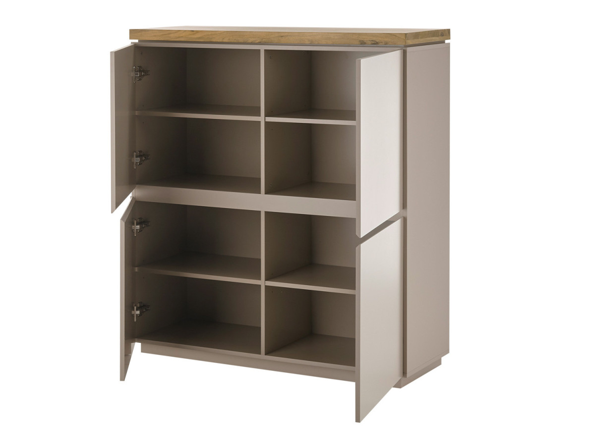 Bahut 4 portes gris chaud et acacia avec 8 compartiments