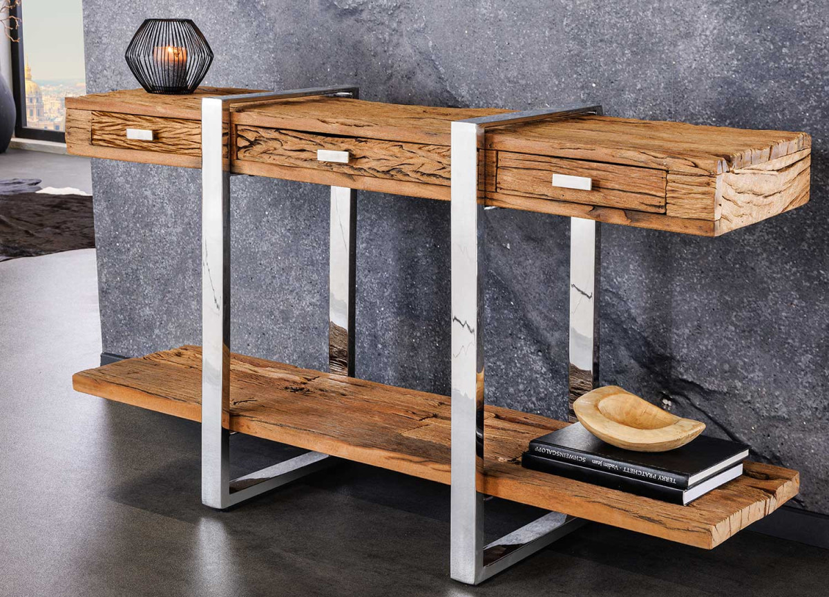 Console originale avec 3 tiroirs teck et acier chromé