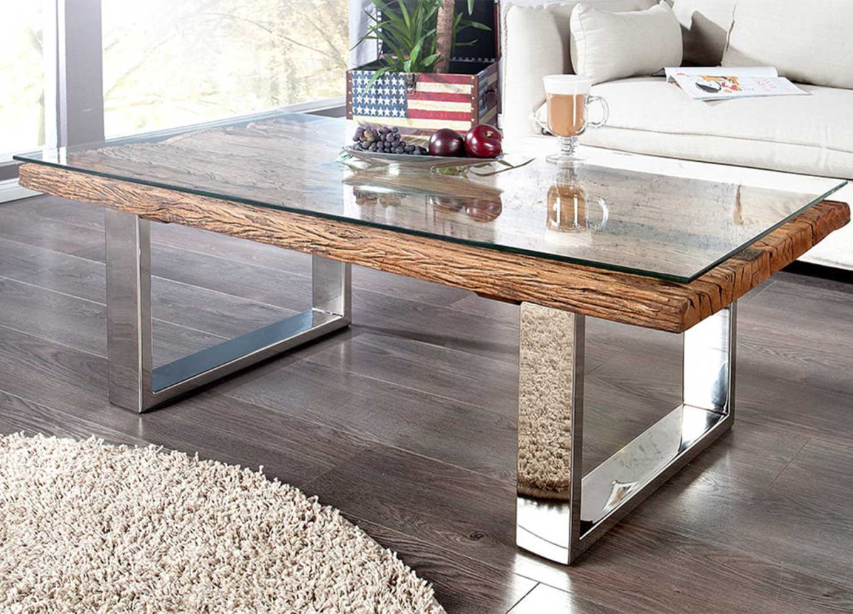 Table basse design rectangulaire en teck et verre