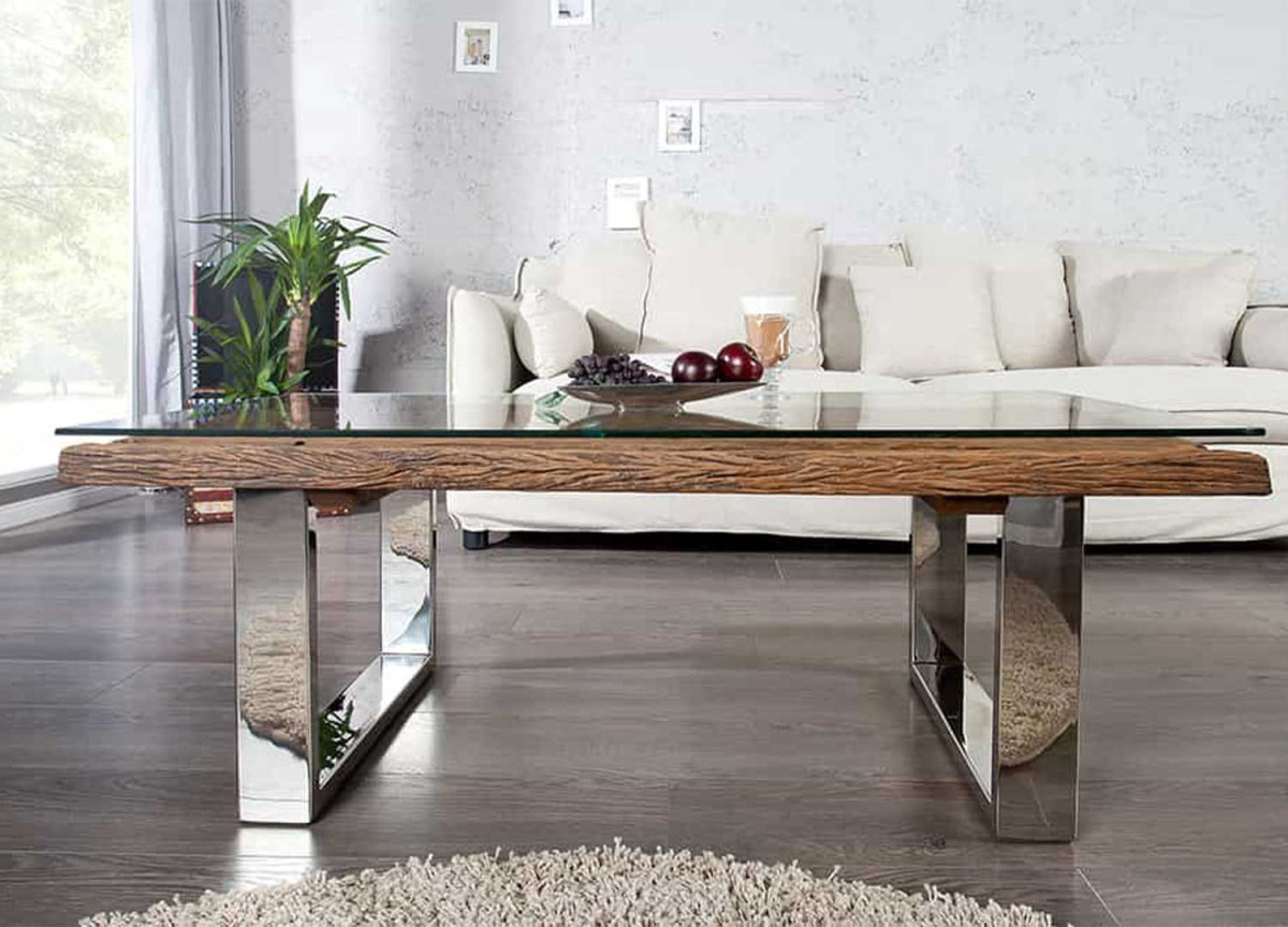 Table basse originale en teck et métal chromé