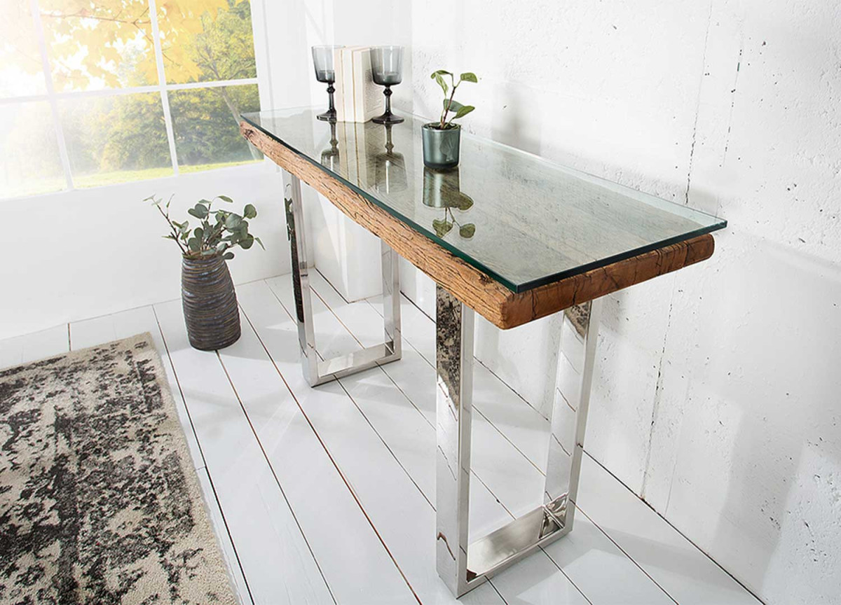 Console design en teck verre et pieds chromés