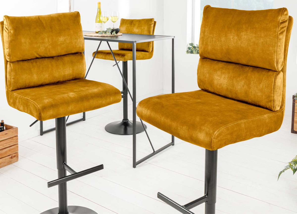 Tabouret de bar réglable velours jaune moutarde