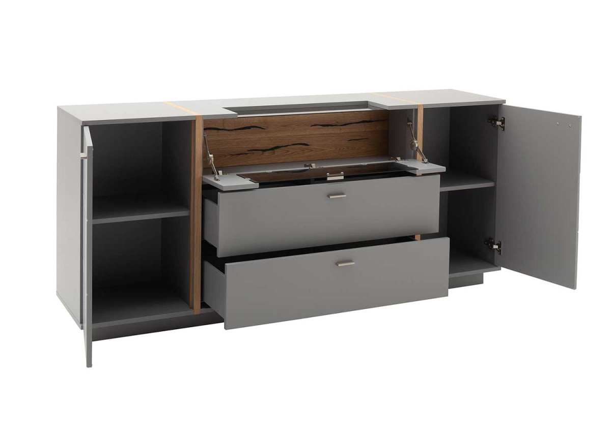 Buffet laqué gris mat et chêne avec portes et tiroirs