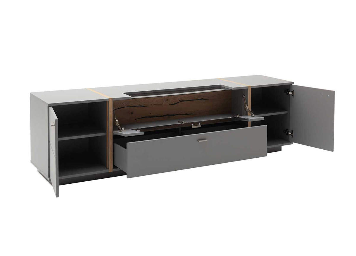 Meuble TV bas laqué gris mat et chêne