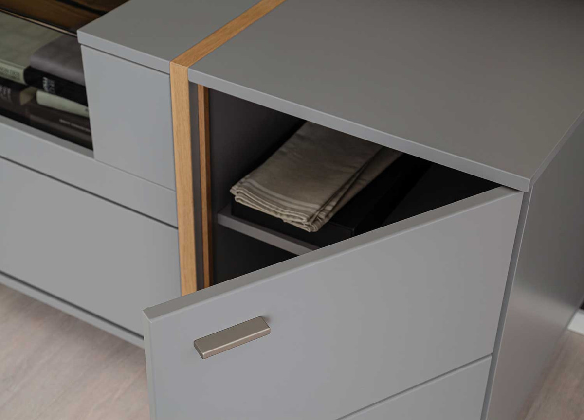 Meuble TV bas laqué gris mat et chêne