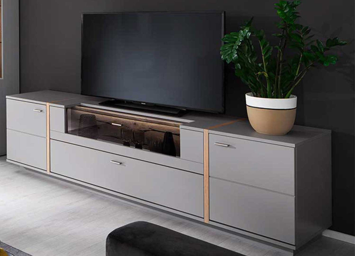 Meuble TV design laqué gris mat et chêne