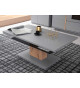 Table basse design laqué gris mat, chêne et verre fumé