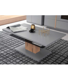 Table basse design laqué gris mat chêne et verre fumé