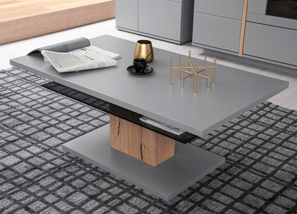 Table basse design laqué gris mat chêne et verre fumé