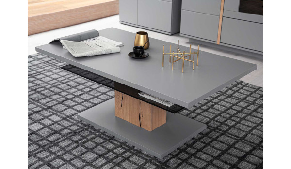 Table basse design laqué gris mat, chêne et verre fumé