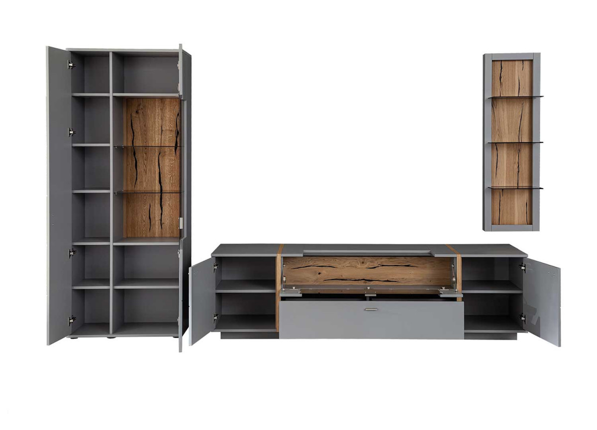 Ensemble de meuble de salon TV laqué gris mat et chêne