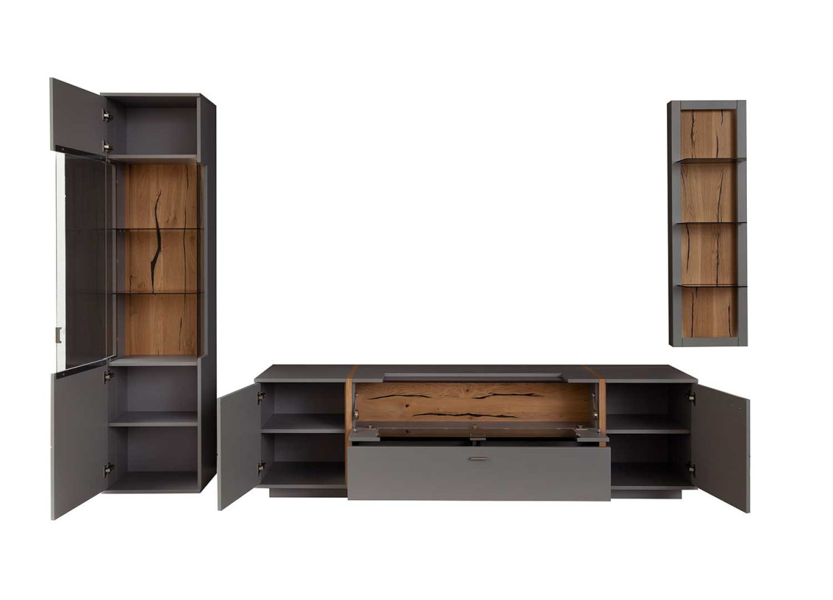 Ensemble TV laqué gris mat et chêne