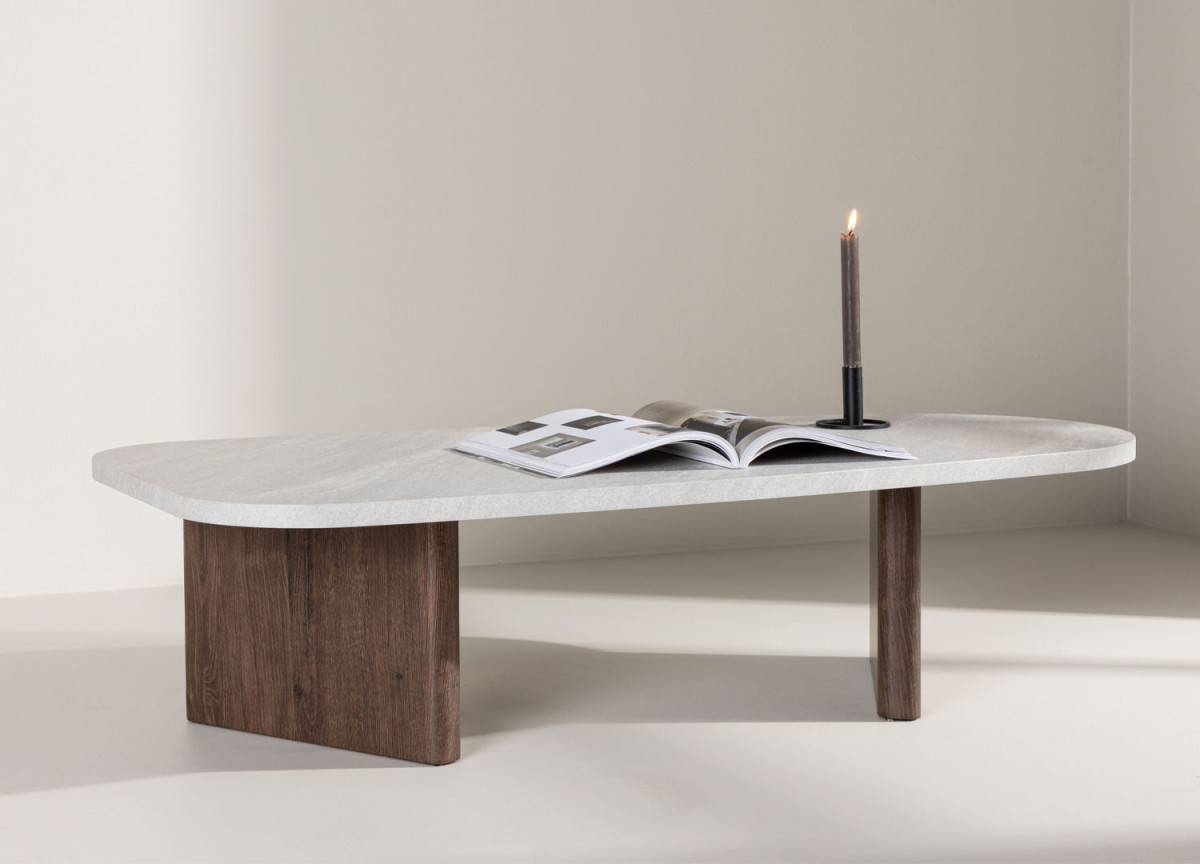 Table basse design originale imitation pierre et bois foncé
