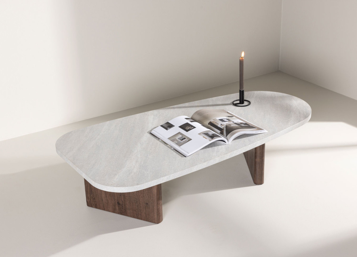 Table basse originale imitation pierre et bois foncé